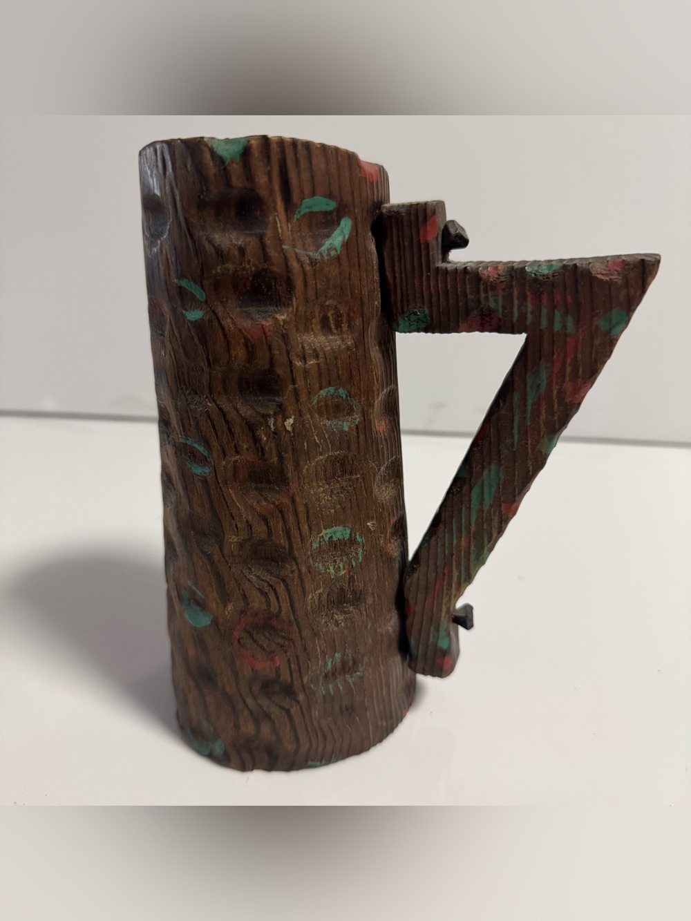 Carved Wood Primitive Style Folk Art Mug Tankard Rustic Branch Handle Decor 7"